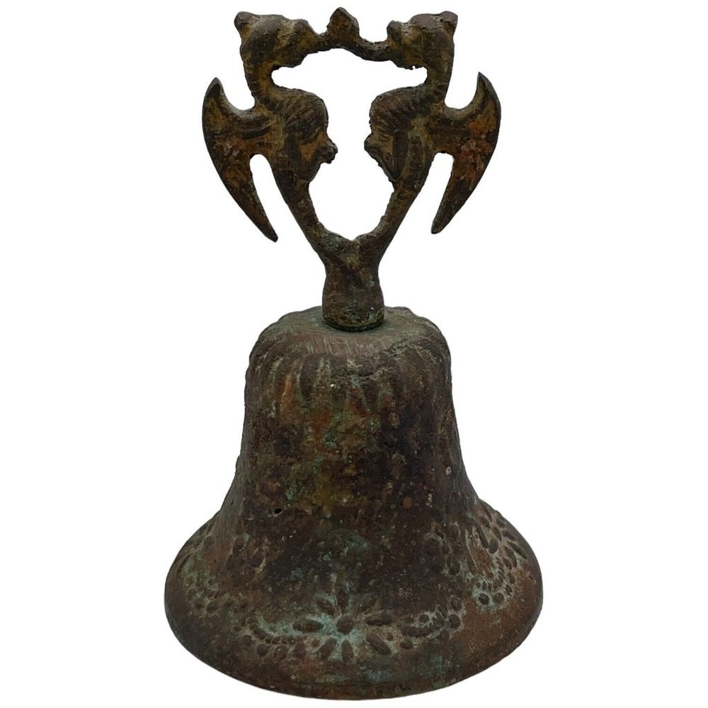 Vintage 5" X 3.5" Double Dragon Handle Bronze Bell Aged Verdigris Rust Set Prop